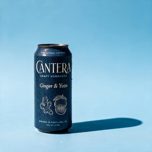 Kombucha can in soft pastel sunlight against a sky-blue backdrop — minimal beverage product photography