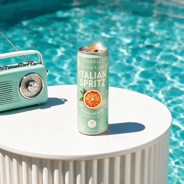 Beverage can in sparkling turquoise pool water under summer sun — lifestyle drink photography