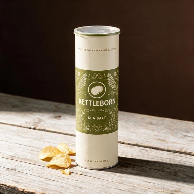 Chips canister on weathered wood counter with warm window light — retro Americana product photography