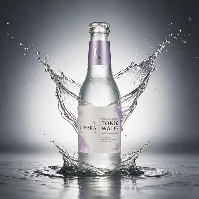 Tonic water bottle with dramatic splash on a grey studio sweep — campaign beverage photography