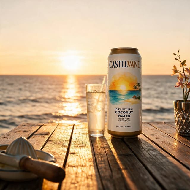 Coconut water can on a wooden boardwalk at golden-hour sunset by the ocean — lifestyle beverage photography
