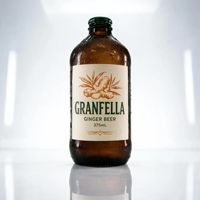 Ginger beer bottle with condensation on reflective white studio sweep — e-commerce beverage photography