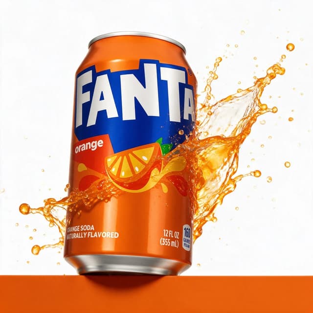 Orange soda can with dynamic juice splash on white studio background — AI beverage product photography