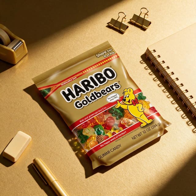 Candy bag on a gold color-drenched desk set with matching props — color-drench product photography