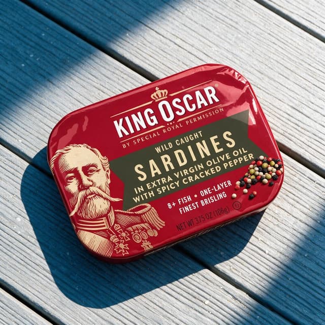Sardine tin on sunlit deck boards with sharp shadows — hard-light tinned food photography