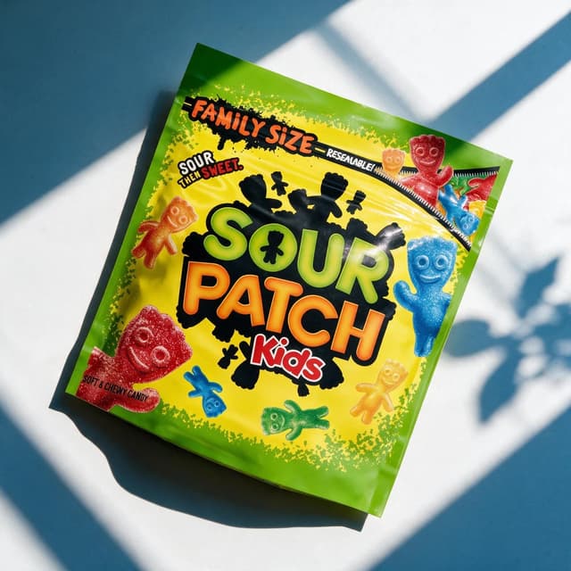Candy bag under direct sunlight with sharp window shadows — hard-light snack photography
