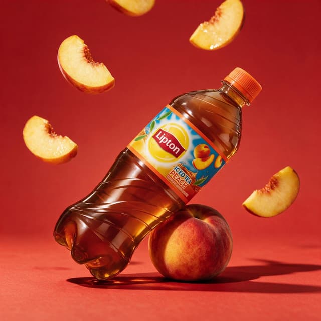 Peach iced tea bottle with fresh peach slices bursting around it — flavor-driven drink photography