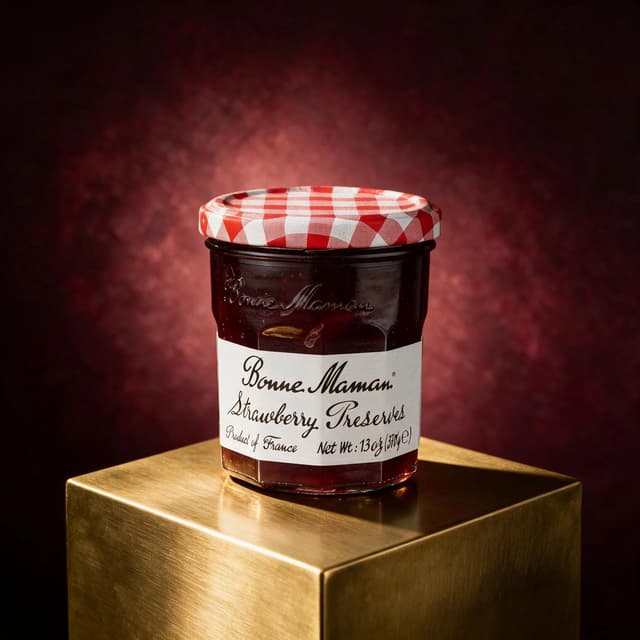 Jam jar on a brass plinth against burgundy seamless — premium e-commerce product photography