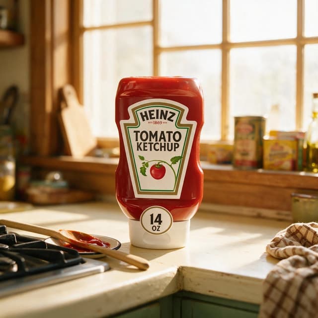 Ketchup bottle on a warm kitchen counter with window light — DTC lifestyle product photography