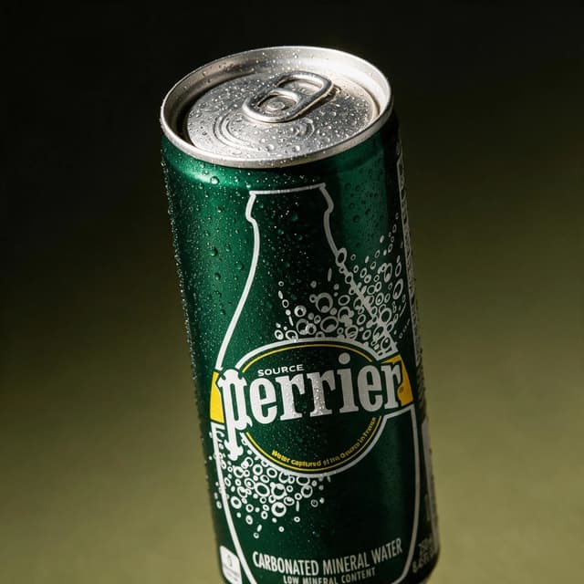 Ice-cold sparkling water can macro shot with condensation droplets — refreshing drink photography