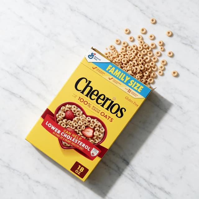 Cereal box tipped on white marble with cereal spilling out — dynamic content spill photography