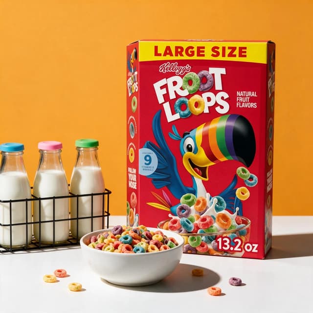 Cereal box with milk bottle crate and filled bowl on marigold backdrop — breakfast product photography