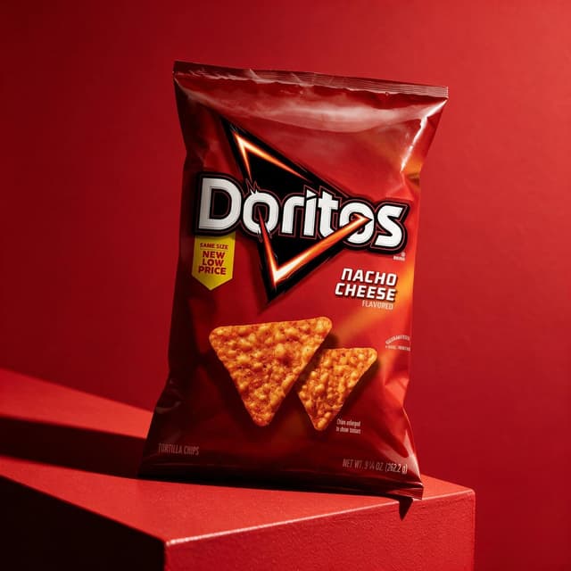 Chips bag on a monochrome red backdrop matched to the packaging — bold color product photography