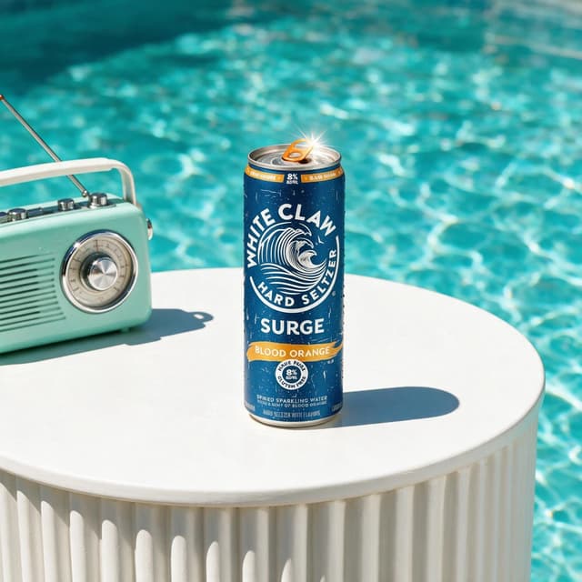 Beverage can in sparkling turquoise pool water under summer sun — lifestyle drink photography