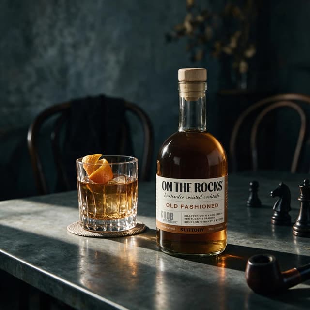 Craft cocktail bottle and rocks glass in a moody bar still life — premium drink photography