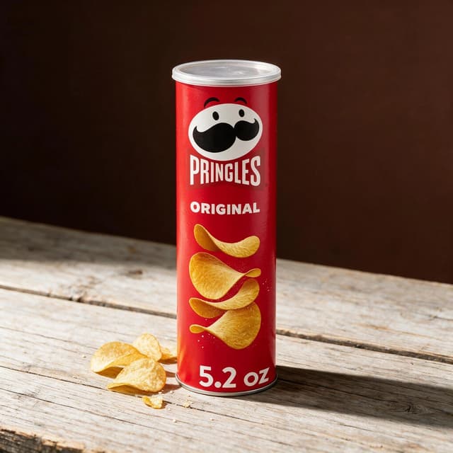 Chips canister on weathered wood counter with warm window light — retro Americana product photography