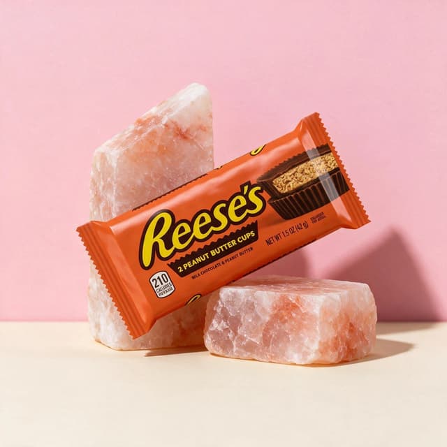 Peanut butter cups pack balanced on pink salt blocks against pastel backdrop — minimal CPG campaign photography