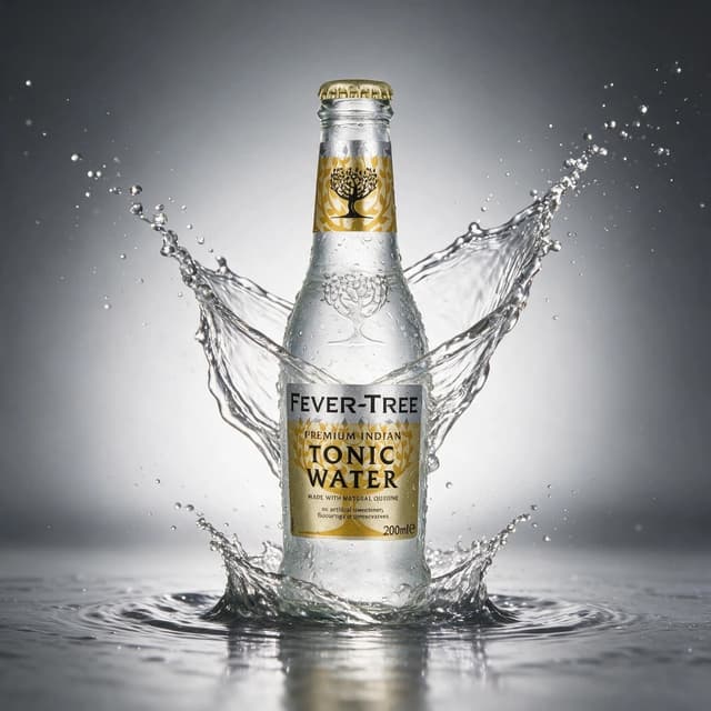 Tonic water bottle with dramatic splash on a grey studio sweep — campaign beverage photography