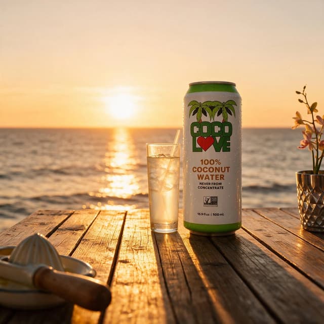 Coconut water can on a wooden boardwalk at golden-hour sunset by the ocean — lifestyle beverage photography