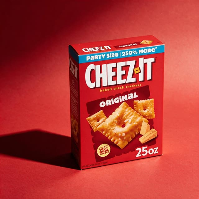 Same cracker box as a tonal color-block campaign shot generated by FoodShot AI — label unchanged