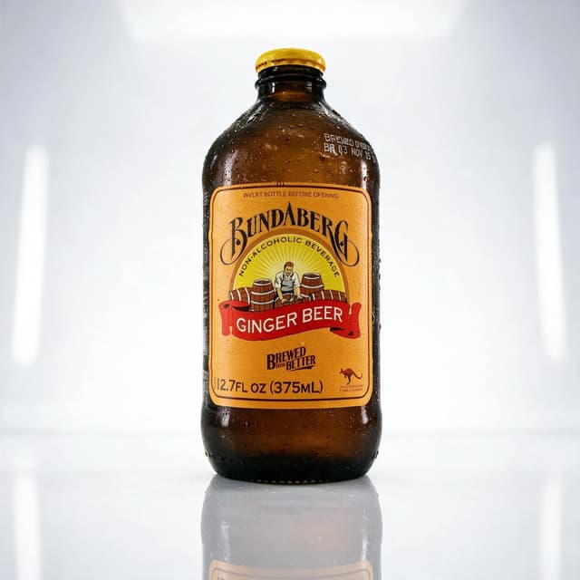 Ginger beer bottle with condensation on reflective white studio sweep — e-commerce beverage photography