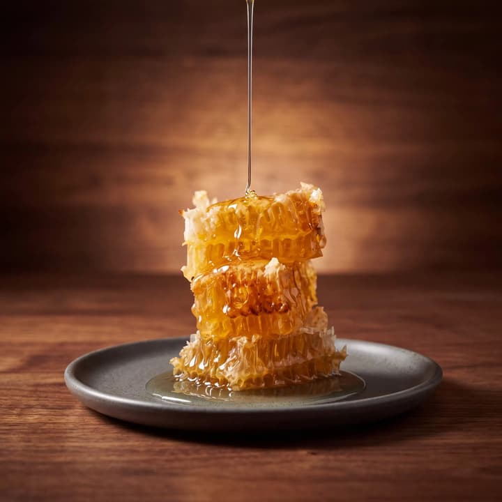 Stacked raw honeycomb with a honey drizzle on warm walnut — honey product food photography