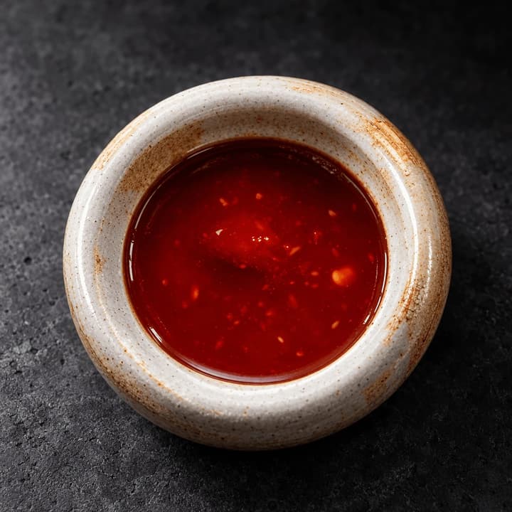 Extreme close-up of glossy bright red chilli hot sauce pooled in a small cream speckled stoneware crock with a rust-brown rim on dark stone