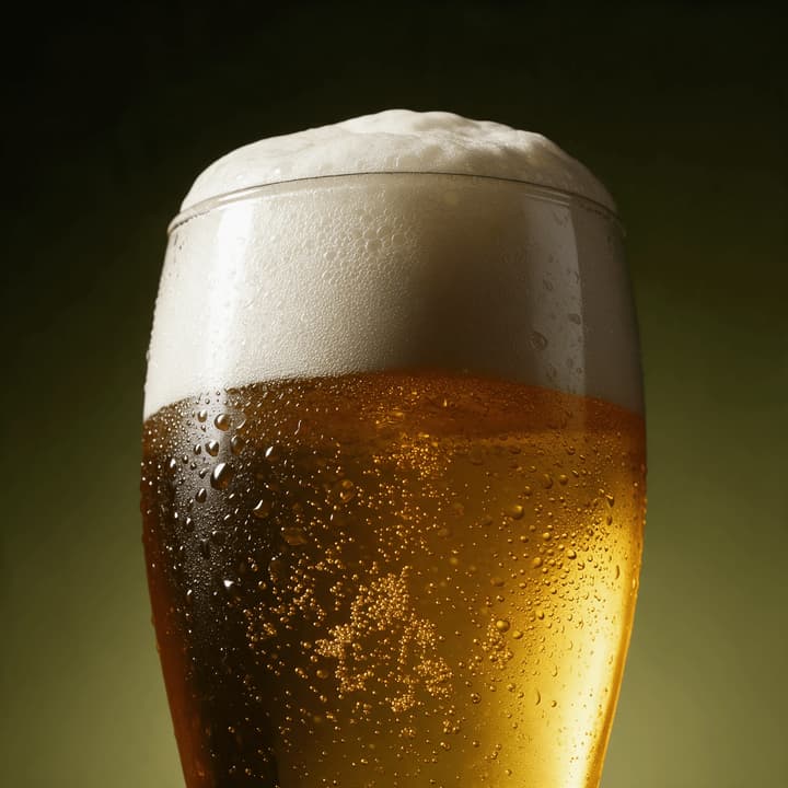 Close-up of golden lager foam and rising bubbles in a chilled glass — beer photography