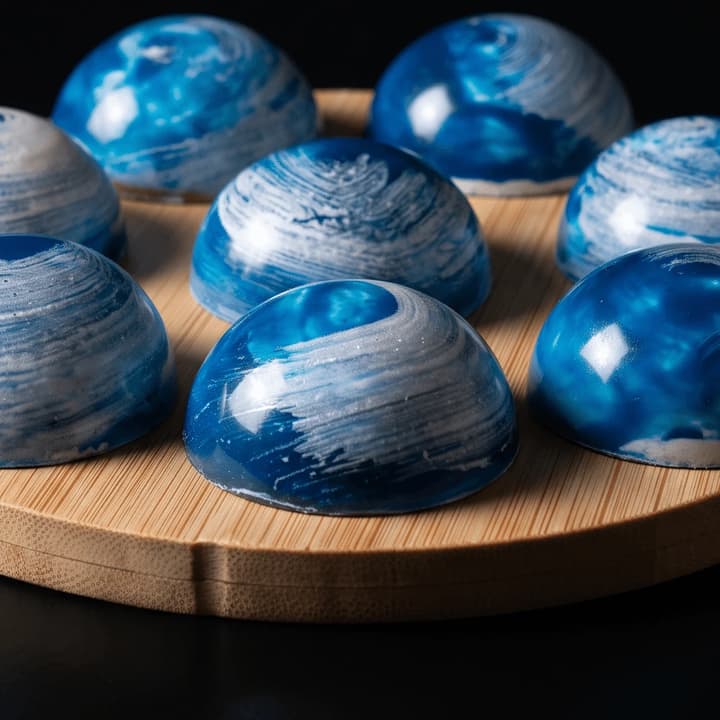 Blue hand-painted bonbon domes on a bamboo board in close-up — chocolatier product photography