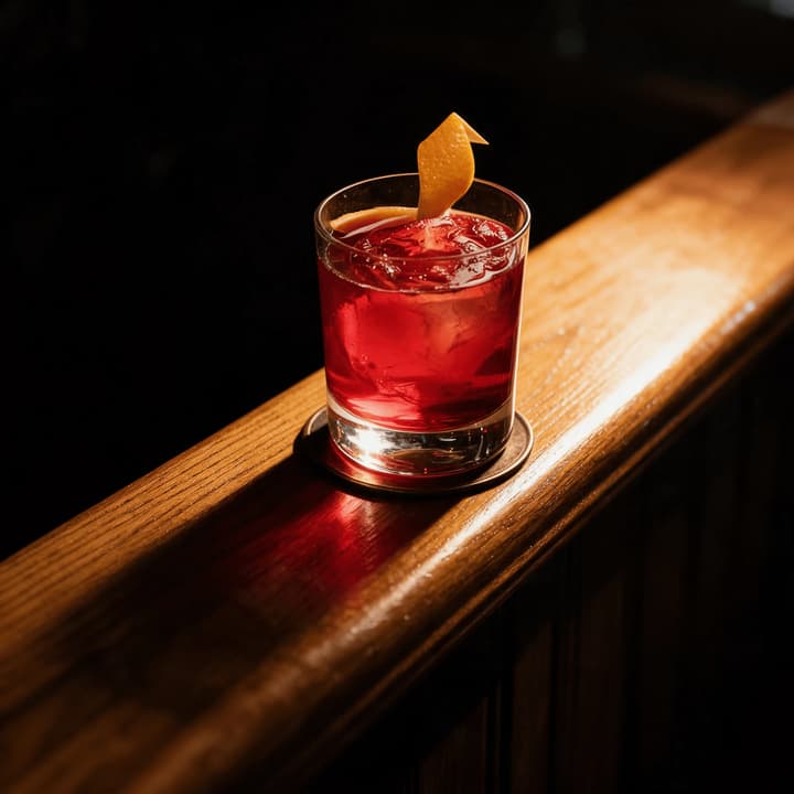 Negroni over clear ice with an orange peel on an oak rail — cocktail photography