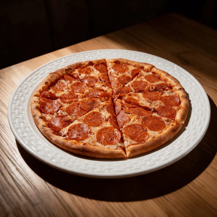 Pepperoni pizza on a white plate on warm oak — pizza advertising food photography