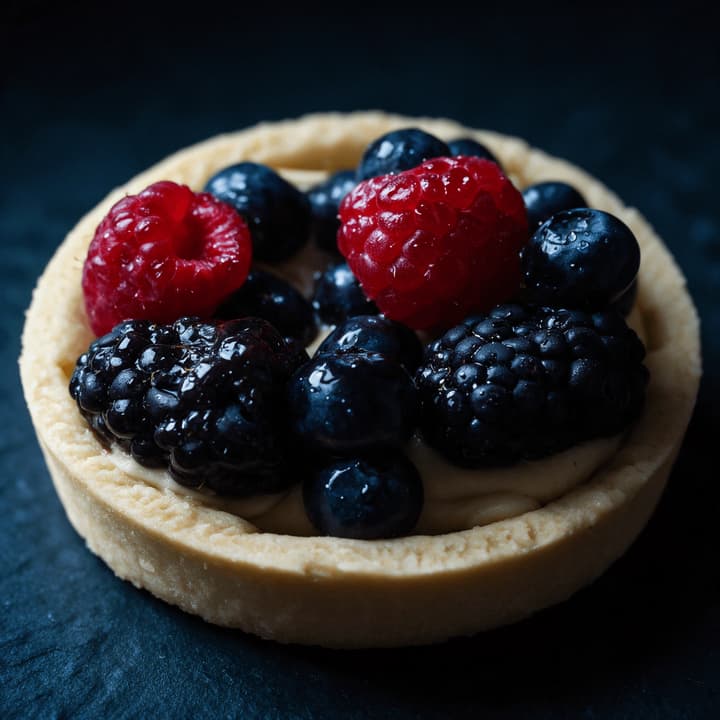 Macro close-up of glazed raspberries and blueberries on a berry tart — patisserie food photography