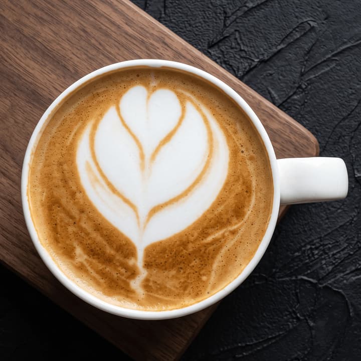 Tulip latte art in a white cup on a walnut board — café coffee photography
