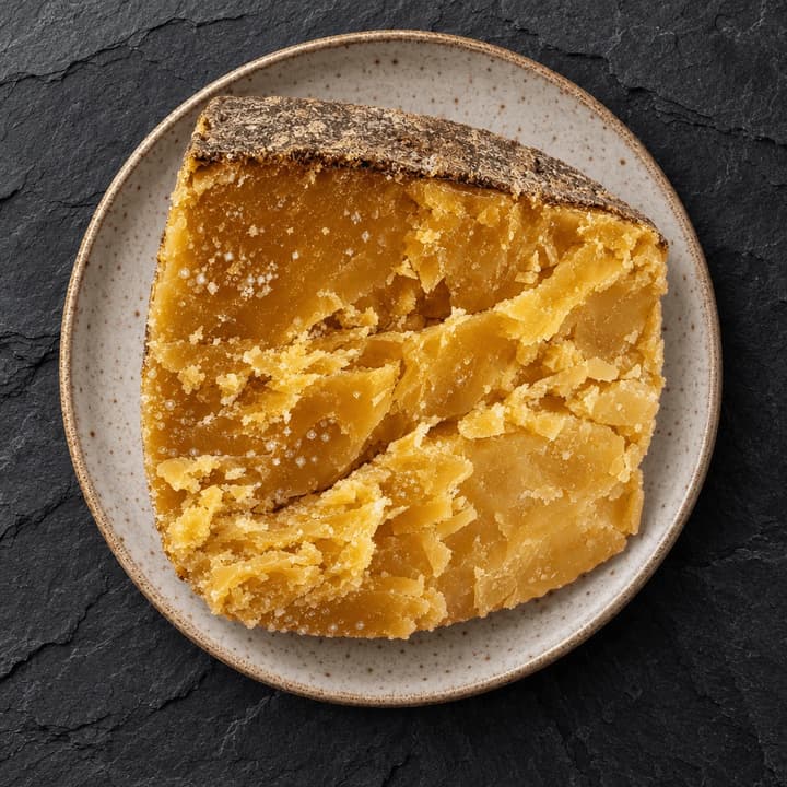 Extreme macro of the fractured face of an aged cheese wedge showing crystals and crumbly texture, on a speckled ceramic plate over dark slate