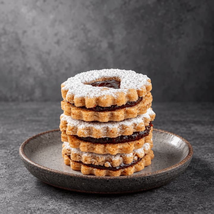 Close-up of a stack of three raspberry Linzer sandwich cookies with a heart-shaped jam window and icing sugar on a speckled charcoal stoneware plate