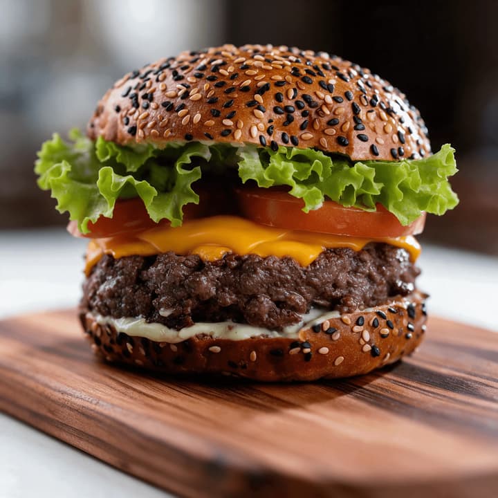 Cheeseburger close-up with melted cheese, lettuce and tomato — fast food burger photography