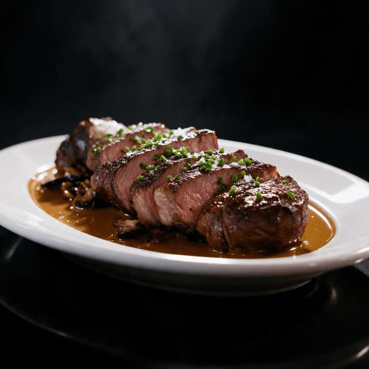 Sliced strip steak with a rosy center on white porcelain — steakhouse food photography