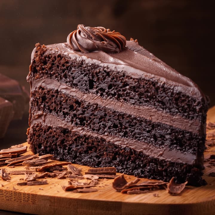 Chocolate layer cake slice with fudge frosting on wood — dessert email food photography