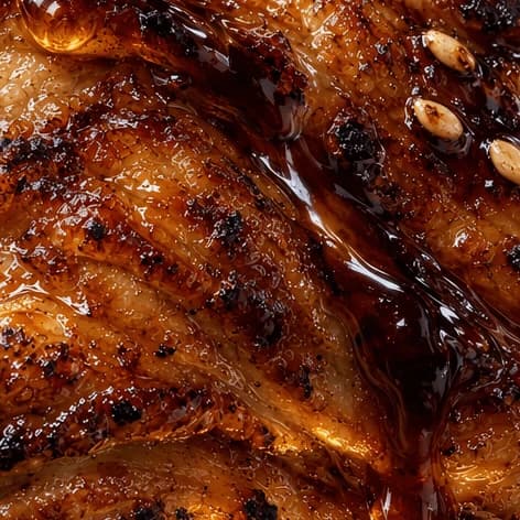 Extreme macro of a sticky amber glaze running down crisp burnished chicken skin with tight specular highlights