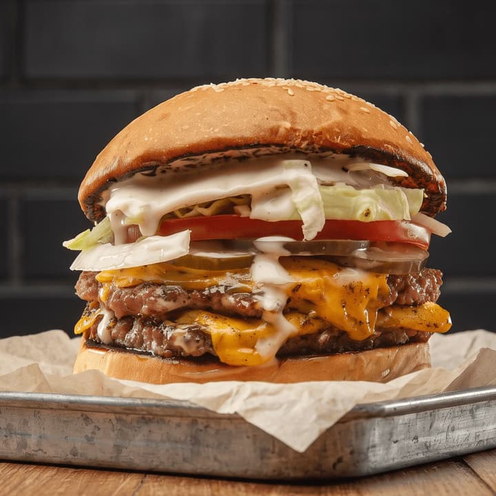 Close view of a double cheeseburger with melted cheddar — restaurant group food photography