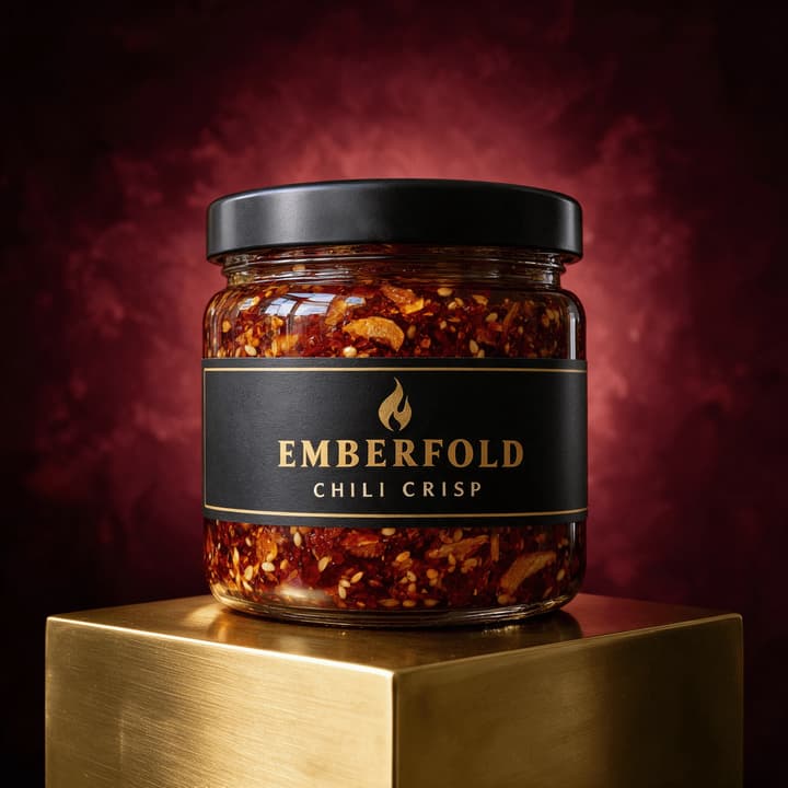 Chili crisp jar on a brass plinth against burgundy — chili crisp food photography