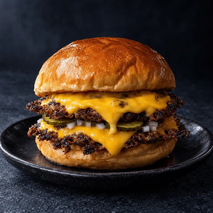 Tight close-up of a smash burger's crisp lacy beef edge and melted yellow cheese against a dark background