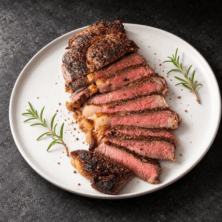 Close-up of sliced medium-rare ribeye steak fanned on a white plate with flaky salt and rosemary sprigs on dark textured stone
