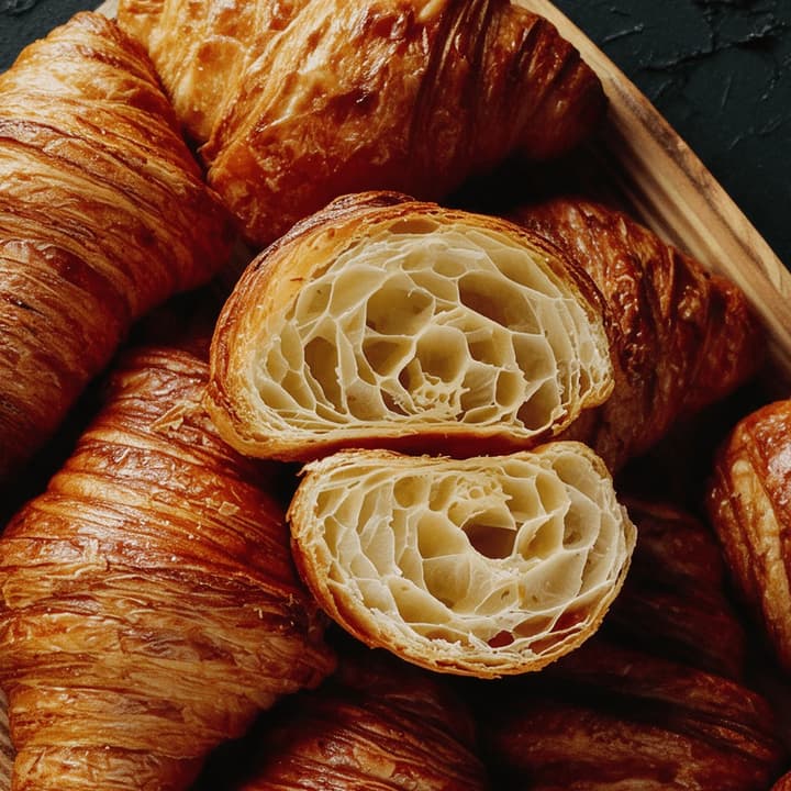 Macro of a cut butter croissant's honeycomb crumb — bakery food photography