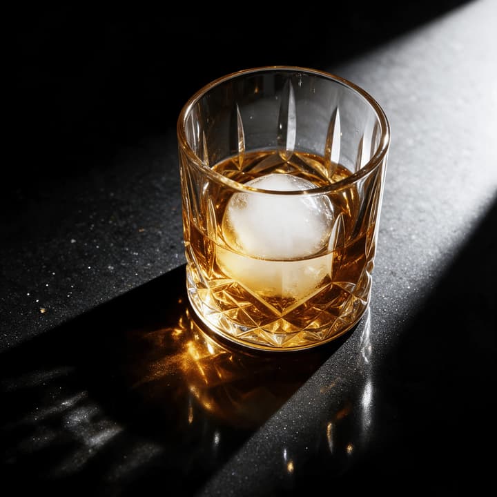 Amber whiskey over an ice sphere in cut crystal on black granite — whiskey photography