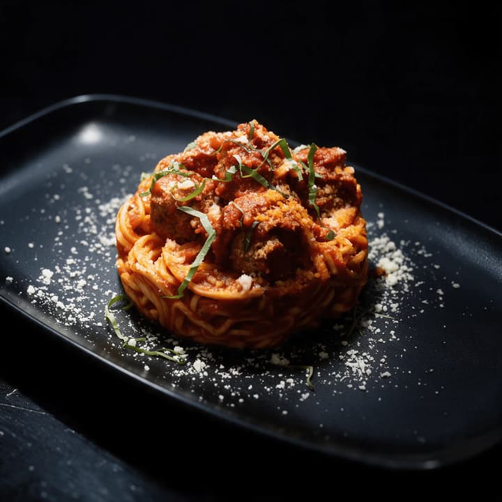 Spaghetti and meatballs with basil and parmesan on black plate — Italian-American food photography