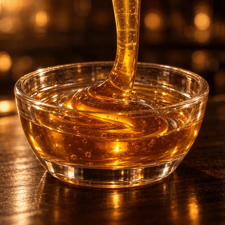 Extreme macro of a thick ribbon of amber honey folding onto itself in a shallow glass bowl, lit warmly against a dark background with golden bokeh