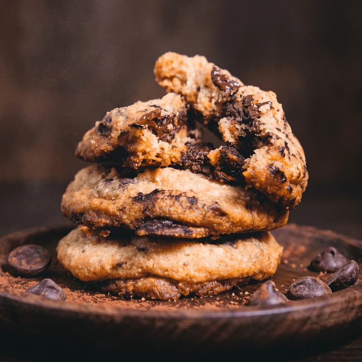Close view of stacked chocolate-chip cookies on a walnut plate — cookie product photography