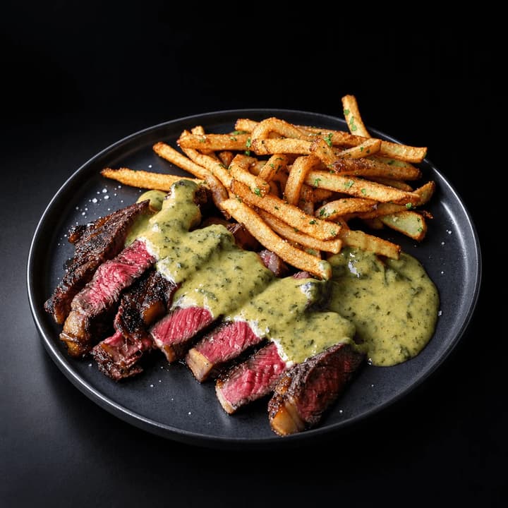 Macro close-up of sliced medium-rare steak with a dark salted crust, béarnaise and golden fries