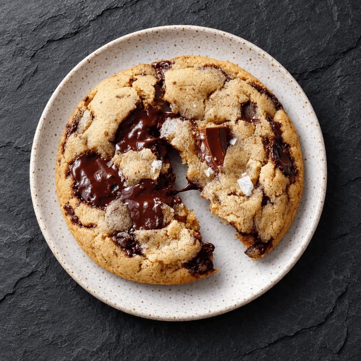 Extreme macro of a thick chocolate chunk cookie broken open with molten chocolate pooling across the break and flaked sea salt on top, on a speckled plate over dark slate